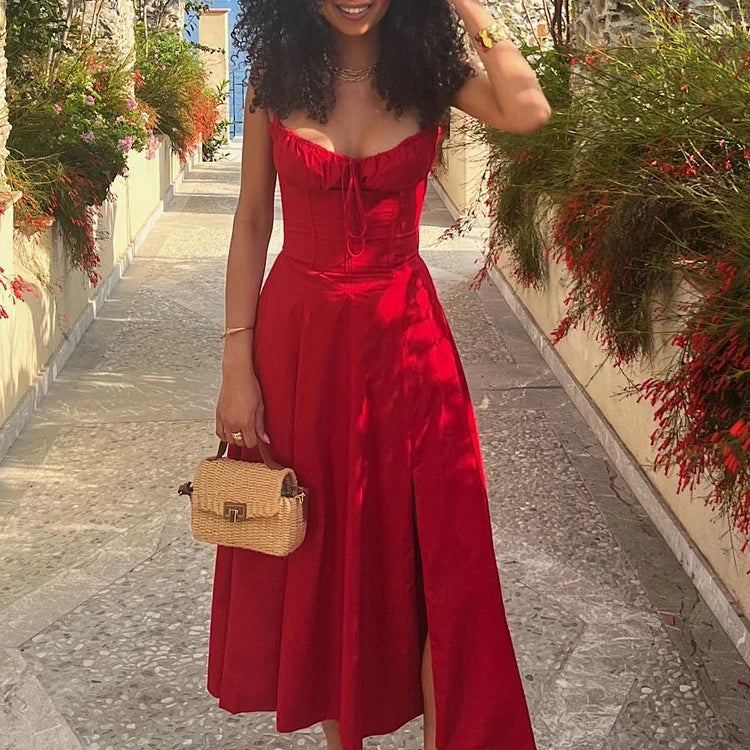 Suninheart Women's Summer Floral Print Dresses Sweet Elegant Midi Holiday Dress Casual Slit Blue Lace Up Dresses 2023