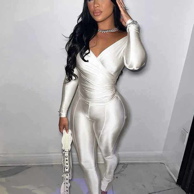 Ladies Off Shoulder Night Clubwear Y2K 2 Piece Long Sleeve V-Neck Folds Tees+Pencil Pants Fashion Club Streetwear Women Outfits White