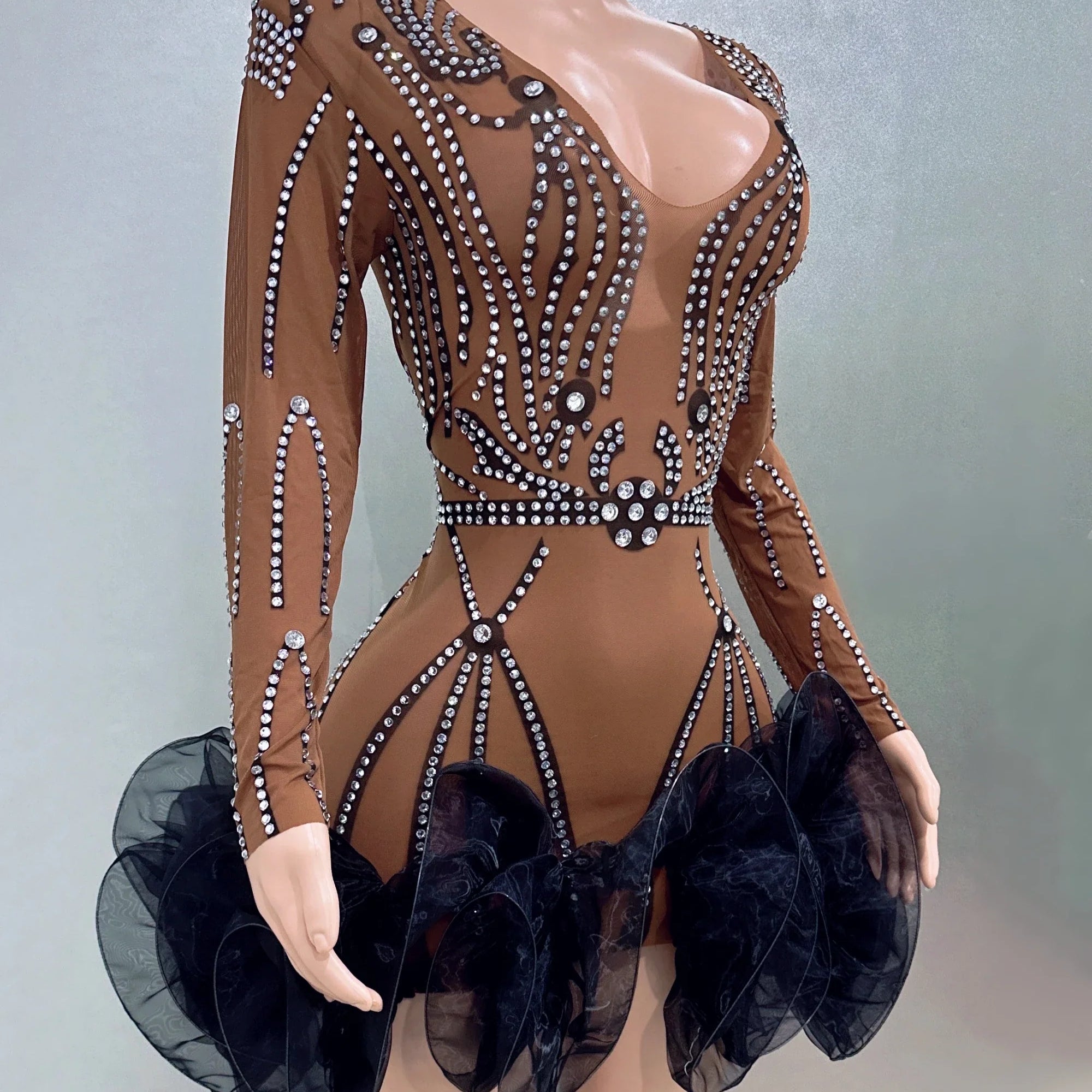 STOCK Women Long Sleeve Sexy Mesh Bodycon Ball Gown Mini Dress Bar Singer Nightclub Party Celebrate Performance Costume Wear