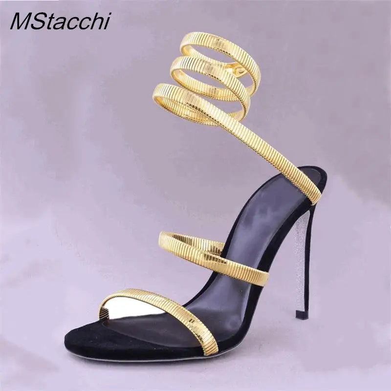 Snake Strap High Heel Sandals Women Summer Ankle Strap Banquet Party Shoes Narrow Band High Heels Ladies Gladiator Sandals