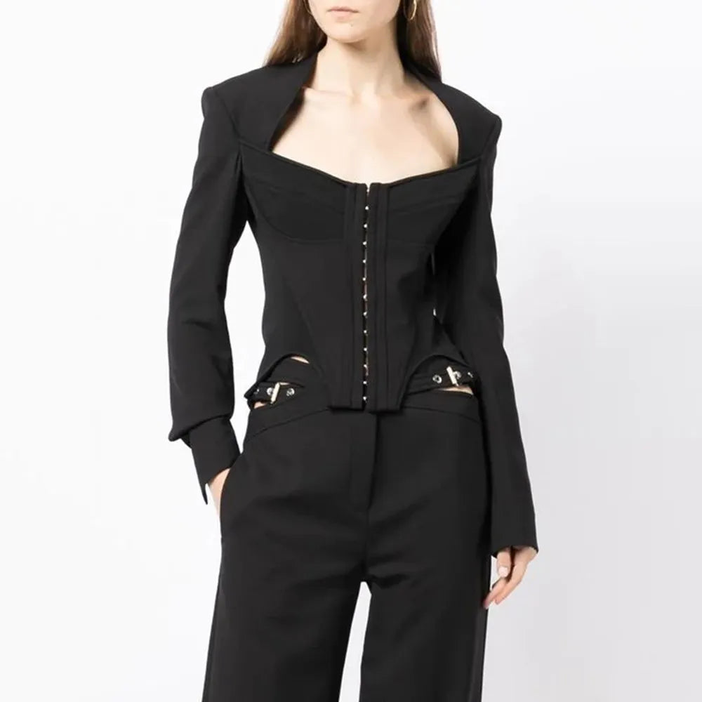 Solid Irregular Coats For Women Square Collar Long Sleeve Temperament Minimalist Coat Female Fashion Style Clothing BLACK