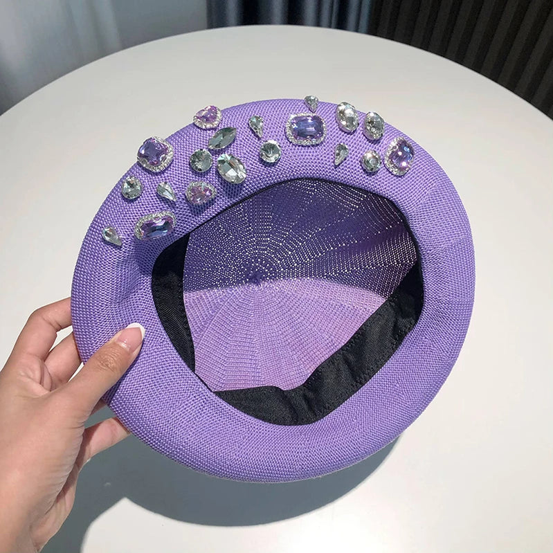 Berets Women Hat Brimless Stretchy Comfortable Rhinestone Y2K Cap Autumn Female Flat Color Cotton b 56-58cm