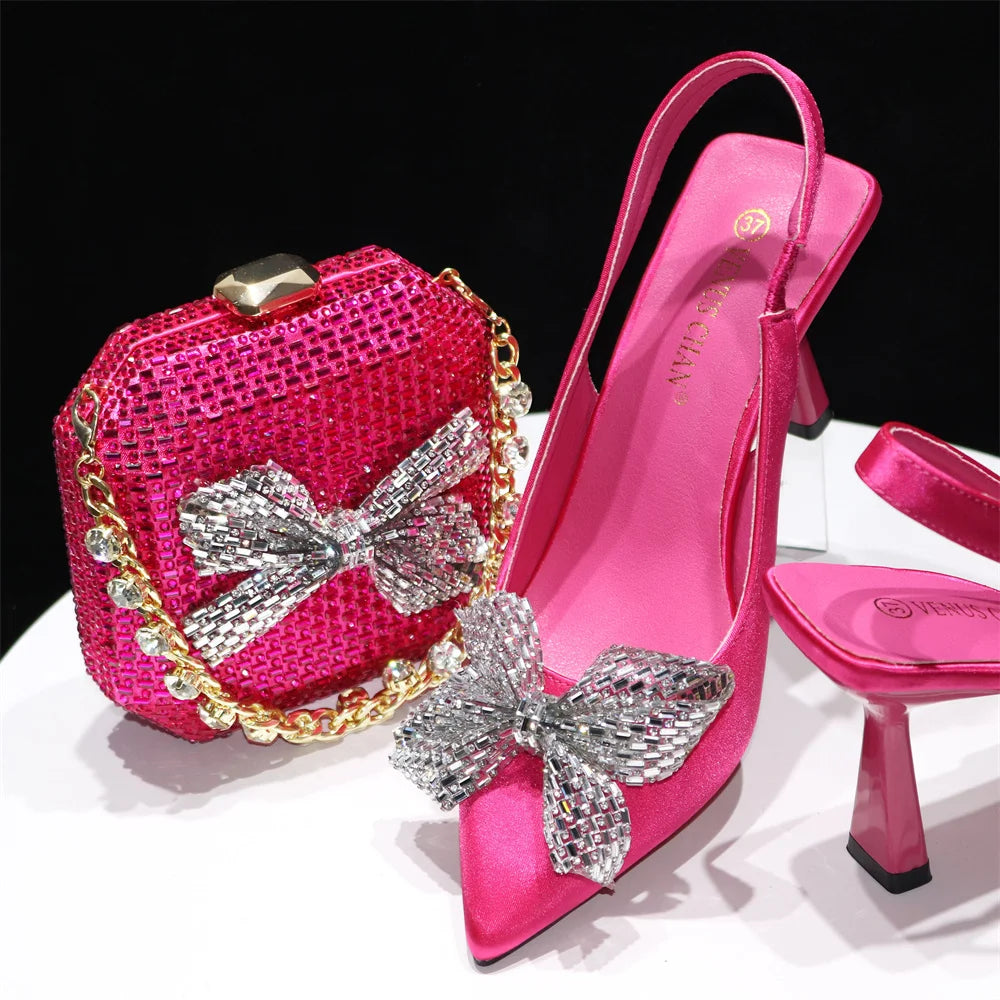 2024 High Quality Rhinestones Design Ladies Shoes Matching Bag Set in Fuchsia Color For Party Rosy Red
