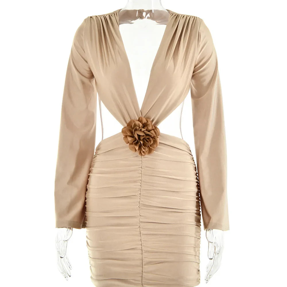 BoozRey Sexy Deep V Flower Long Sleeves Backless Dress 2023 Summer Elegant with Shoulder Pad Mini Dress Party Club Outfits Women Apricot