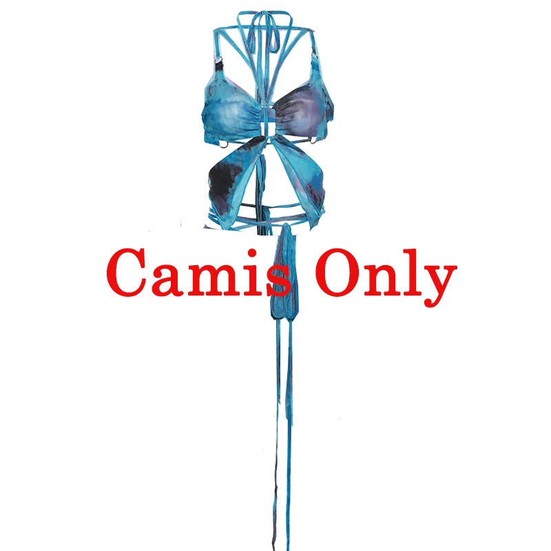 Zenaide Fall Mesh Butterfly Women 3 Piece Set Bandage Cami+Irregular Skirt+Fairy Festival Crop Top Tie Dye Rave Party Outfit Y2K Blue Camis Only