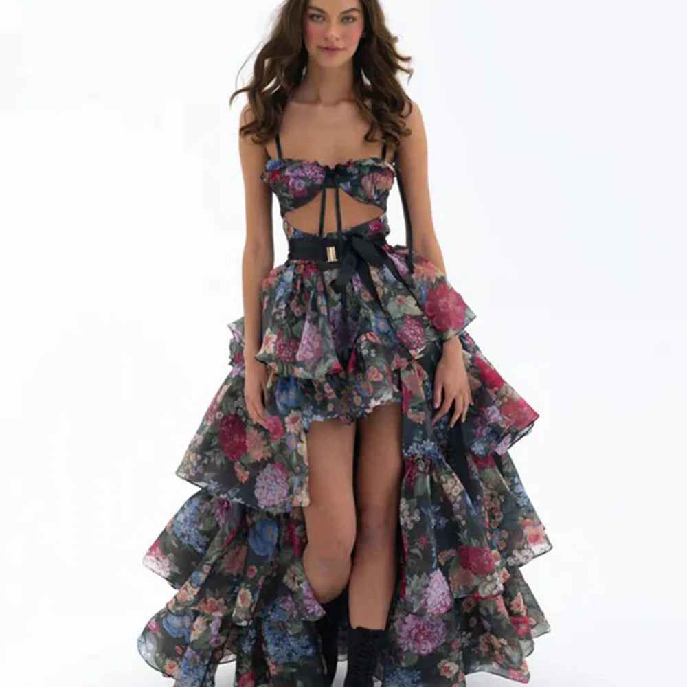 New Summer Women Sleeveless Sexy Strap Keyholes Ruffles Long Maxi Dress Girls' Vacation Celebrate Birthday Party Outfit