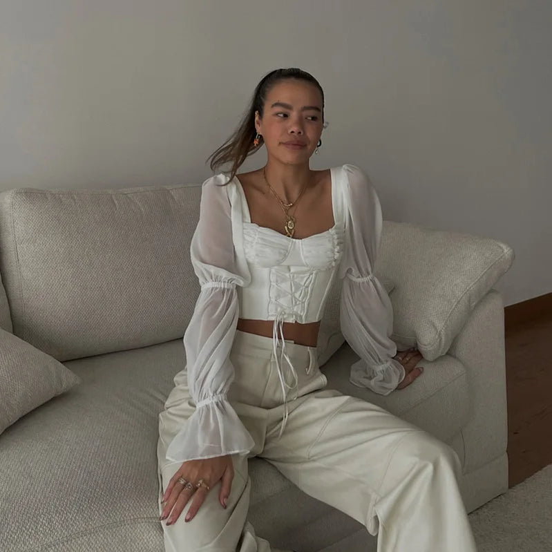 Spring Summer New Women Street Trendy Square Neck Mesh Patchwork Long Sleeved Slim Fit Cropped T-shirt Exposed Navel Top