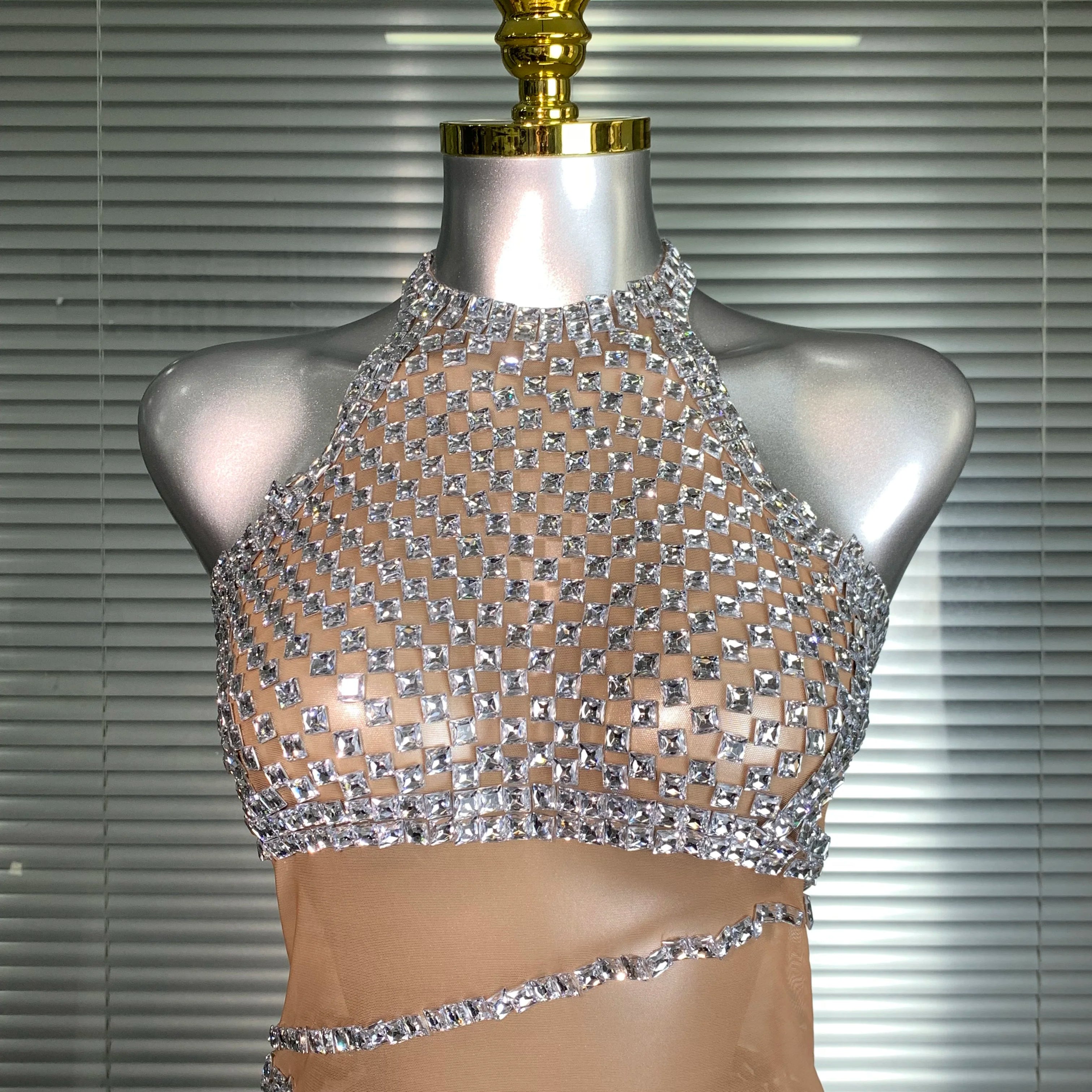 Celebrity New Women Sexy Mesh Sheer Crystal Stage Performance Costume Stage Dancer Singer Night Club Mini Party Dress