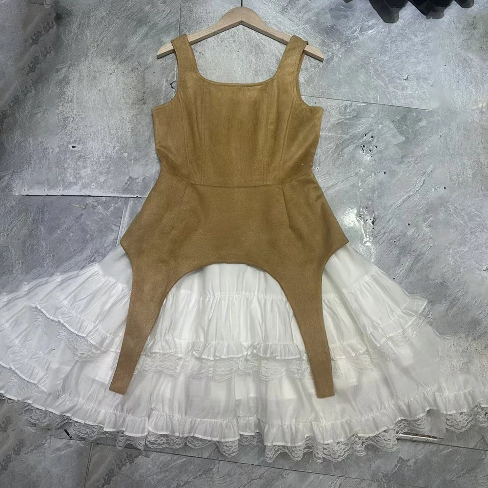 TWOTWINSTYLE Colorblock Slimming Temperament Dresses for Women Square Neck Sleeveless Patchwork Ruffles Fold Dress Female New