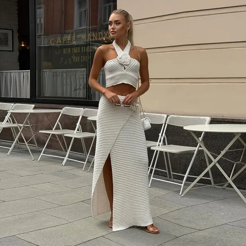 Holidays 3D Flower Knit Halter Vest Skirt Sets Women Sexy Hollow Out Top Elastic Split Skirts Summer Lady Beach Outfits White