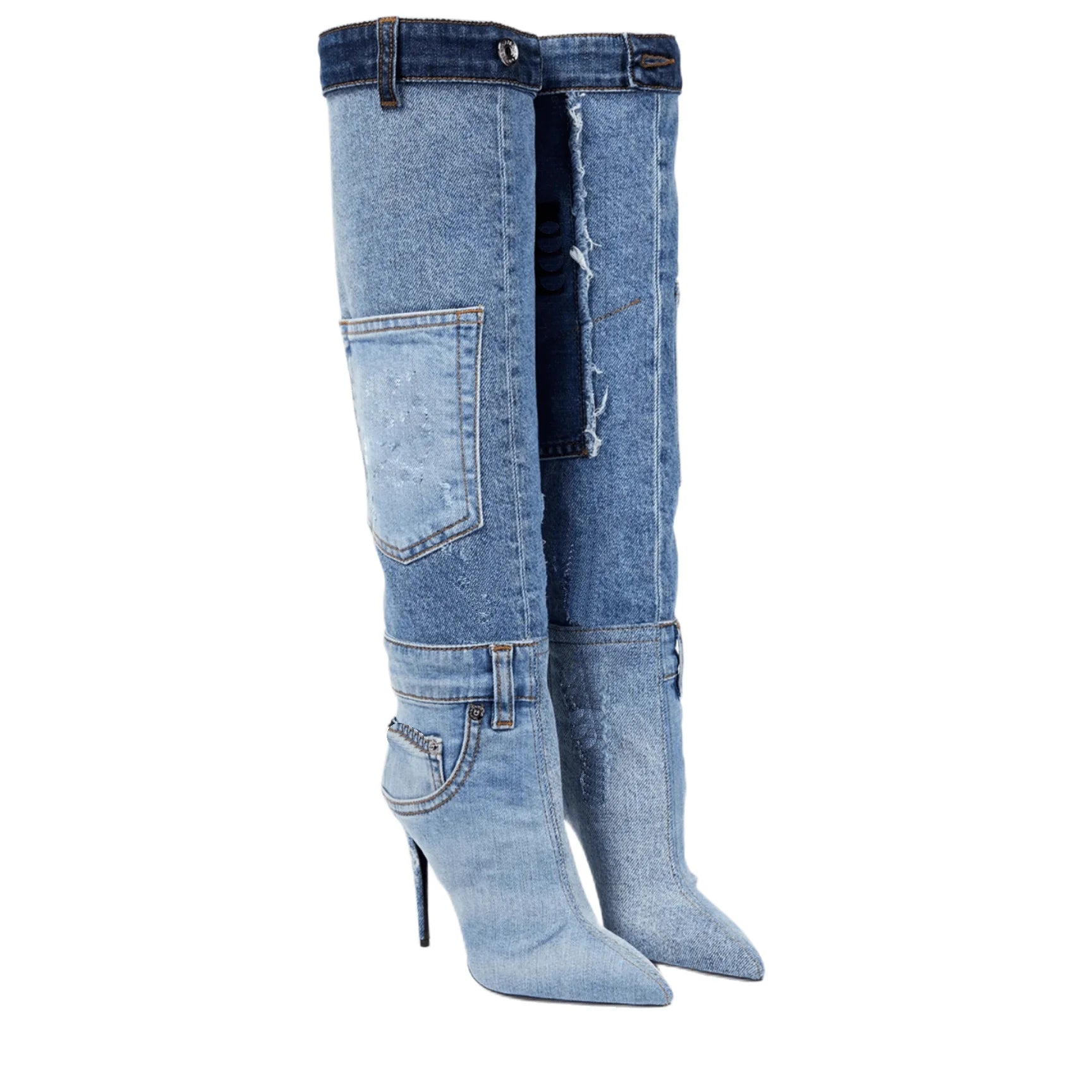 YJXKJY Women Worn Washed Cloth Over The Knee Boots Sexy Ladies Dilapidated Blue Denim Pocket Pointed Toe High Heels Party Shoes