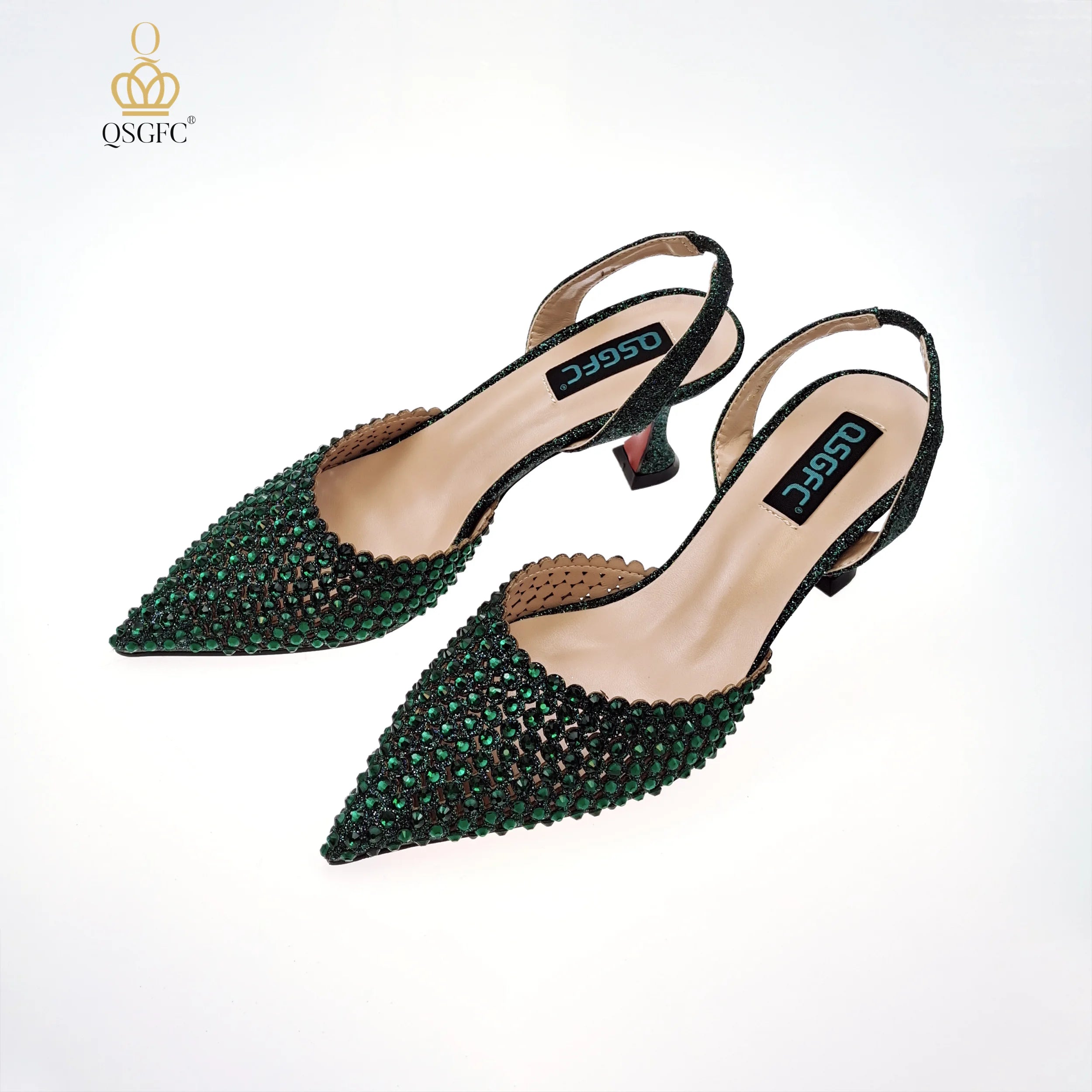 Italian Design Women Hollowed Out Embroidery Colorful Rhinestones Rainbow Color Women's Shoes and Party Wedding Bags Set ONLY SHOES D.GREEN