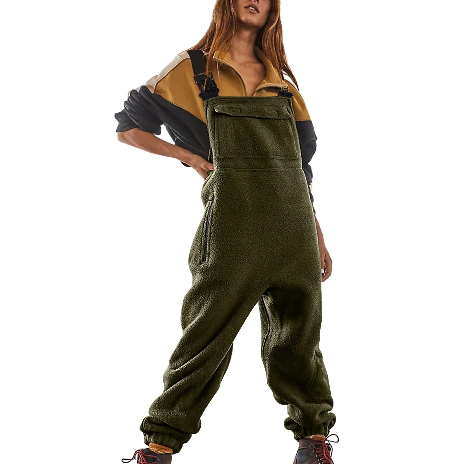 Womens Fleece Overalls One-piece Bibs Jumpsuits Adjustable Suspender Straps Warm Winter Fuzzy Ski Pants Army Green