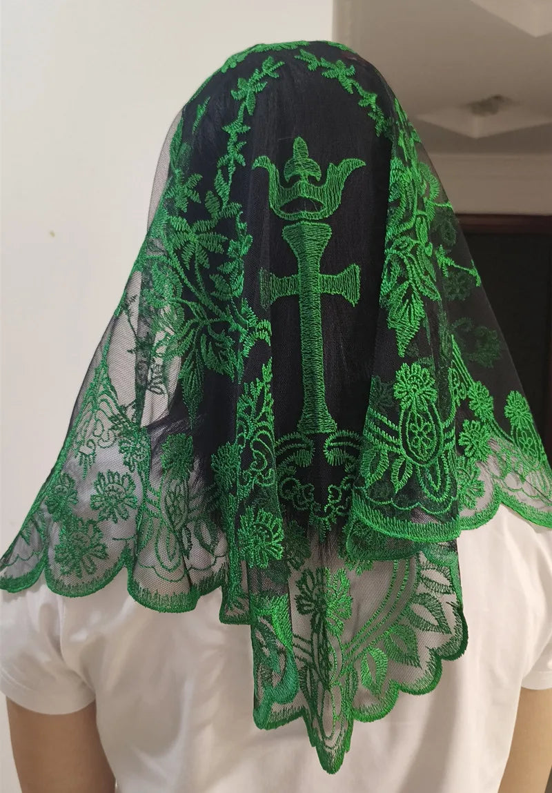 Women Head Covering Bridal Wedding Veil Lace Mantilla Cross Embroidery Church Catholic Veil green