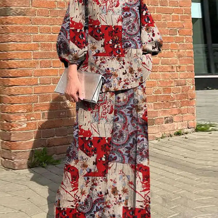 Plus Size ZANZEA Bohemian Matching Sets Casual Printed 2pcs Suits 2023 Women 3/4 Sleeve Tops Tracksuit Autumn Wide Leg Pant Sets