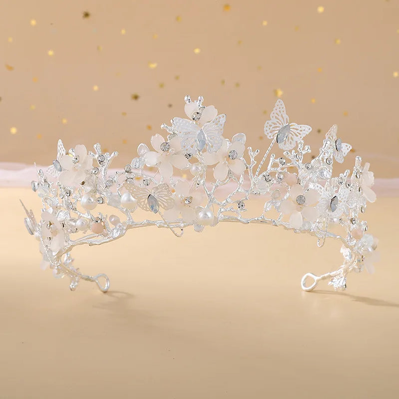 Baroque Butterfly Pearl Crystal AB Crown Tiara Rhinestone Hairband Wedding Hair Accessories Princess Bridal Headpieces H142 Silver Color