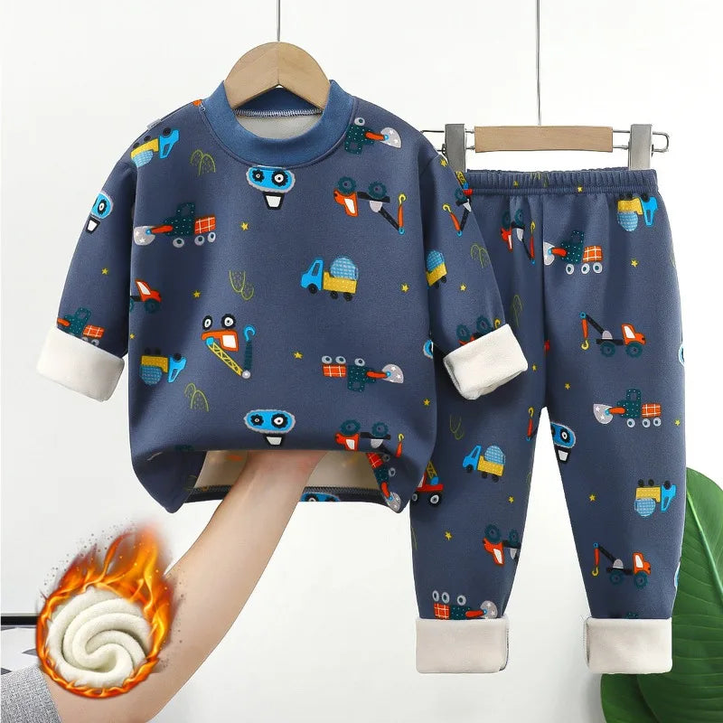 Children's warm underwear set for boy middle and girls plush and thick autumn clothes autumn pants baby pajamas baby and toddler