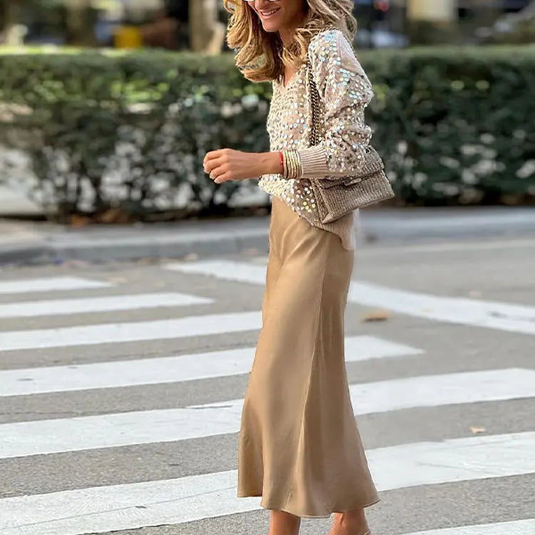 Fashion Sequins Glitter Loose Sweaters For Women Sexy V Neck Long Sleeve Wram Jumper Tops Office Ladies Weam Commute Pullover