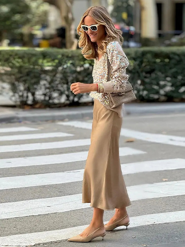 Fashion Sequins Glitter Loose Sweaters For Women Sexy V Neck Long Sleeve Wram Jumper Tops Office Ladies Weam Commute Pullover