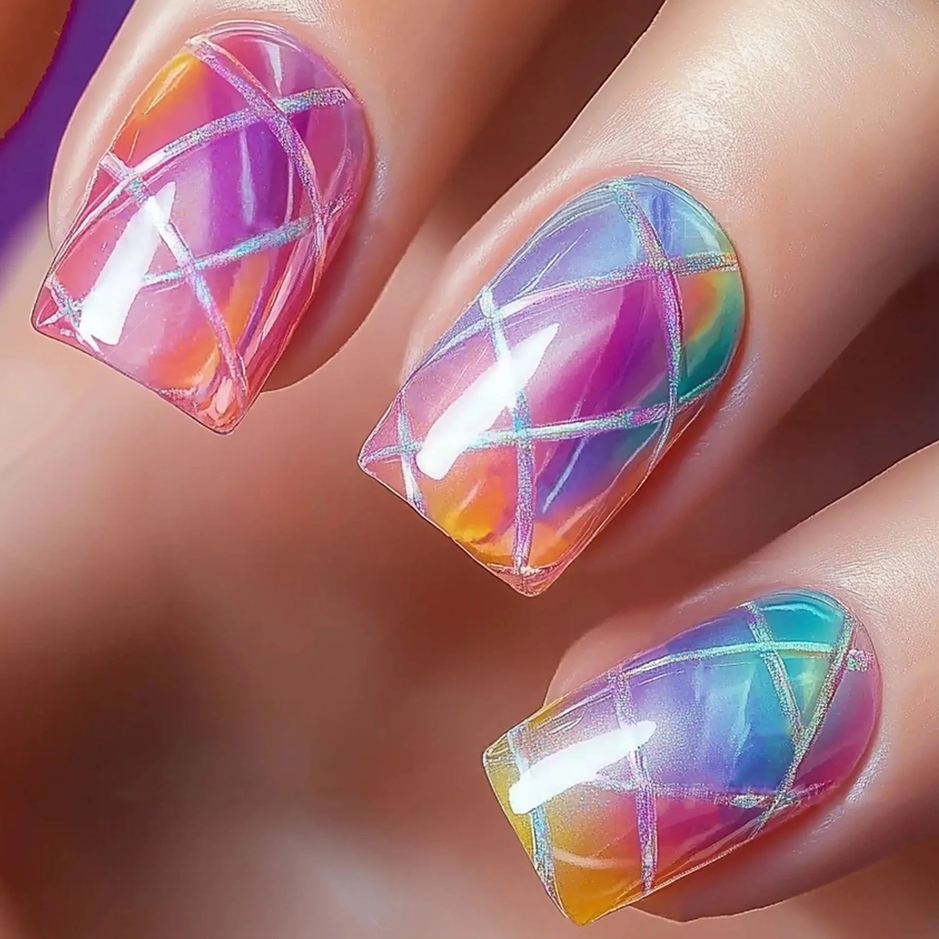 24pcs/set Medium long fake nails for women girls Y2K gradient purple blue yellow green square almond tips press on false nails