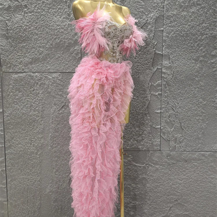 Pink Color Women Sexy Strapless Ruffles 2 Pieces Bodycon Long Dress High Split Fashion Nightclub Party Birthday Fashion Dress