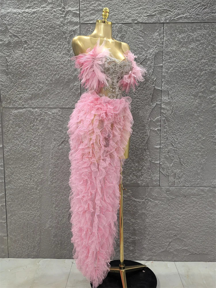 Pink Color Women Sexy Strapless Ruffles 2 Pieces Bodycon Long Dress High Split Fashion Nightclub Party Birthday Fashion Dress