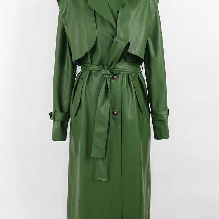 Nerazzurri outono longo legal verde couro do plutônio trench coat para mulheres faixas único breasted elegante roupas de grife luxo 2022 