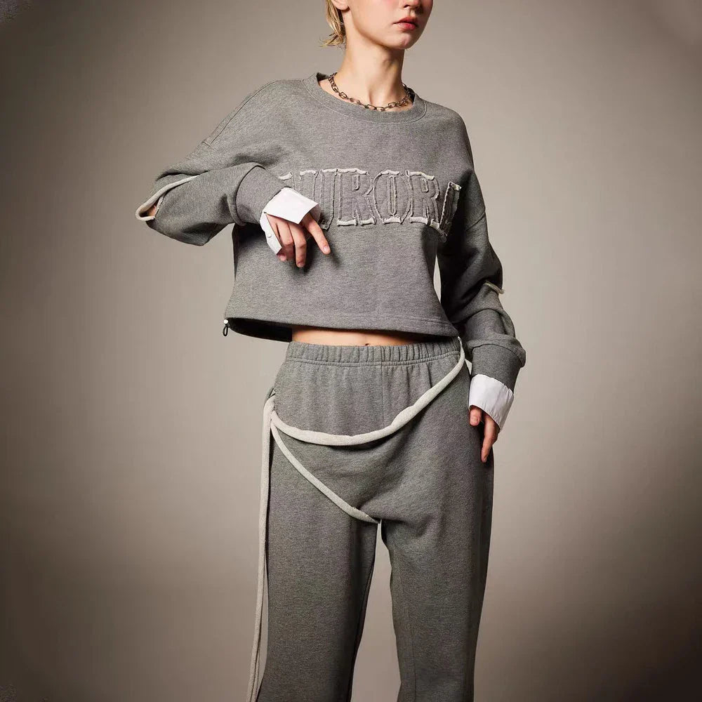 Conjunto casual de duas peças com blocos de cores para mulheres, gola redonda, manga comprida, blusa de cintura alta e calça, conjunto chique, roupa da moda feminina