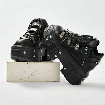 2025 Fashion Women Ankle Boots Woman's Thin Heels Round Toe Lace-Up Metal Decoration Sneakers Ladies Rivet Punk Gothic Rock Shoe