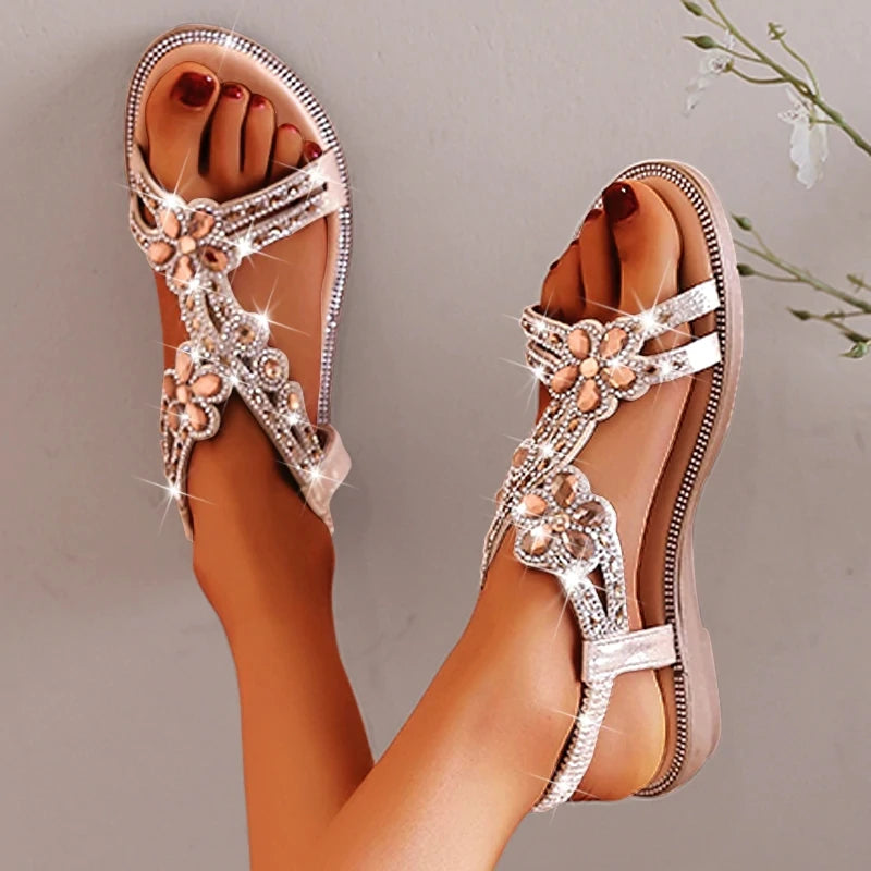 Woman Sandals Rhinestone Open Toe Fashion Female Shoes Solid Color Summer Open Toe Beach Sandalias Non-Slip Chaussure Femme Gold