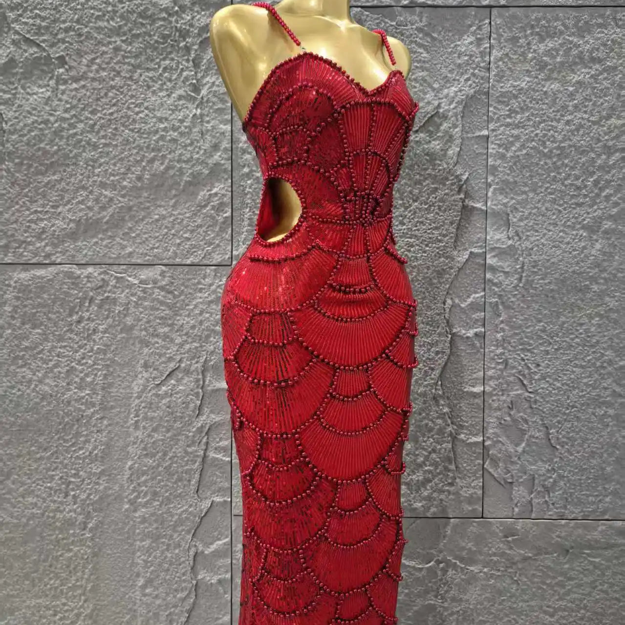 Red Color Women Sexy Sleeveless Pearl Beading Bodycon Mid-calf Dress Waist Hollow Out Celebrate Fashion Birthday Party Dress