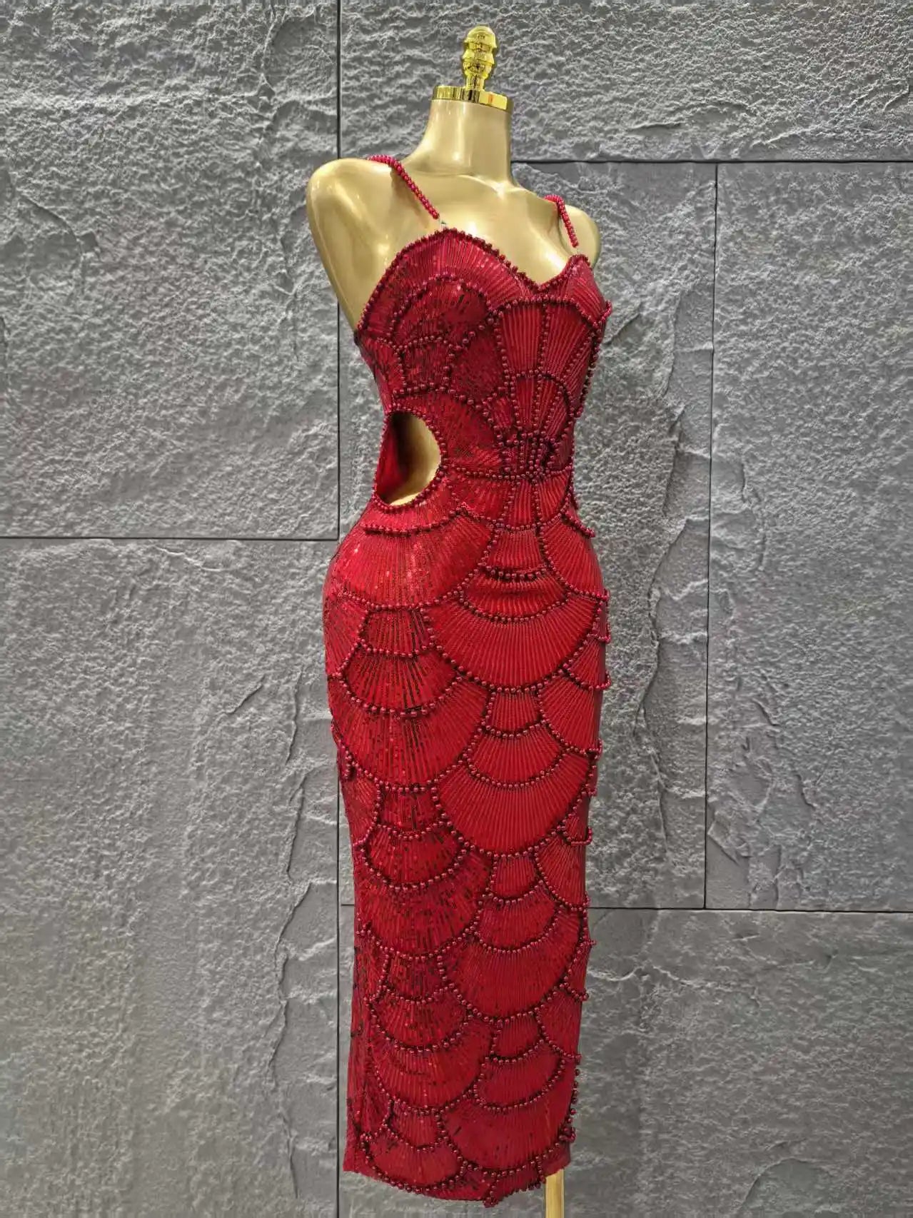 Red Color Women Sexy Sleeveless Pearl Beading Bodycon Mid-calf Dress Waist Hollow Out Celebrate Fashion Birthday Party Dress