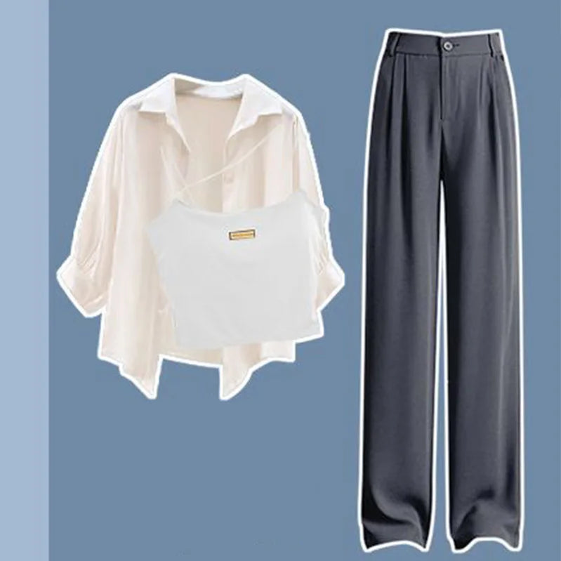 Large Women's Summer Set 2023 New Fashionable Shirt with Hanging Straps and Wide Leg Pants Three Piece Set Y2k Clothes Women Three piece set 1