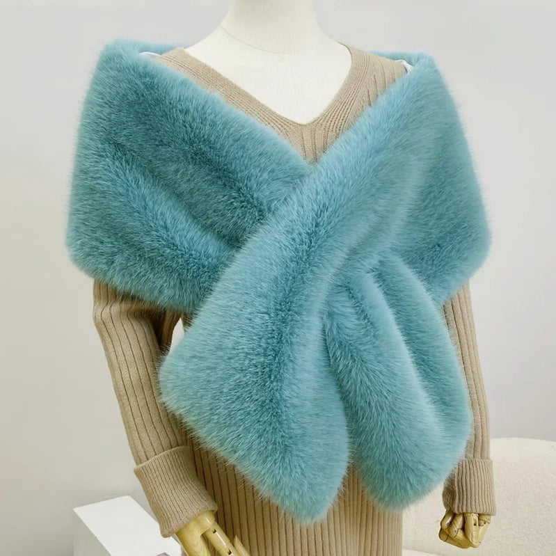 Women Fur Capes Wedding Bridal Shawl Bolero Faux Fur Stole Winter Luxury Fluffy Warm Outerwear Jacket Formal Party Shrug 165cm Water Lake Blue 165cm
