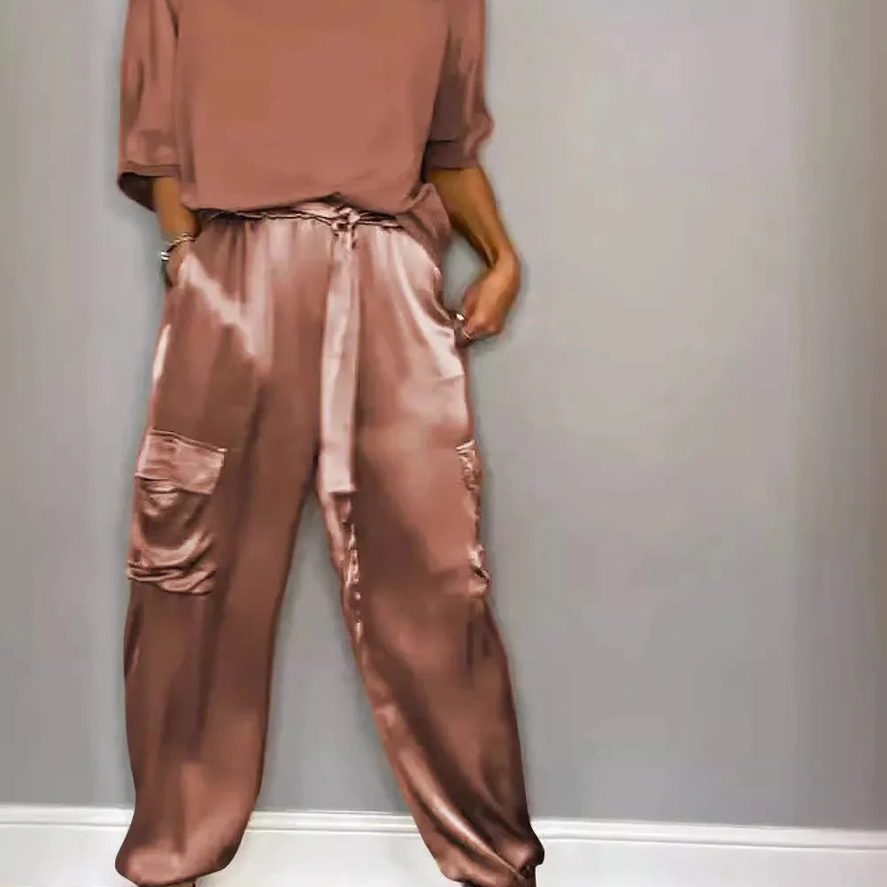 Summer Satin 2 Piece Set Women Casual Solid Color 2 Piece Outfit Half Sleeve Tops Loose Fit Pants Suit Two Piece Sets Brown