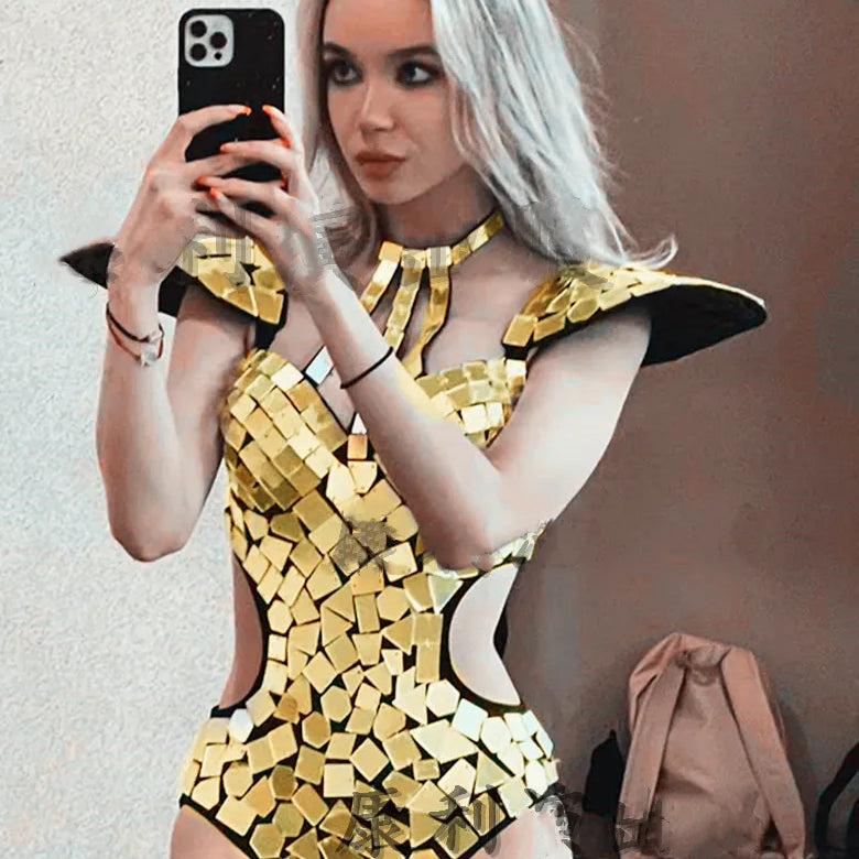 Mirror Bodysuit Women Dance Costume Gold Silver Sequins Fly Shoulder Hollow Out Rave Outfit Stage Performance Clothes Gogo Show
