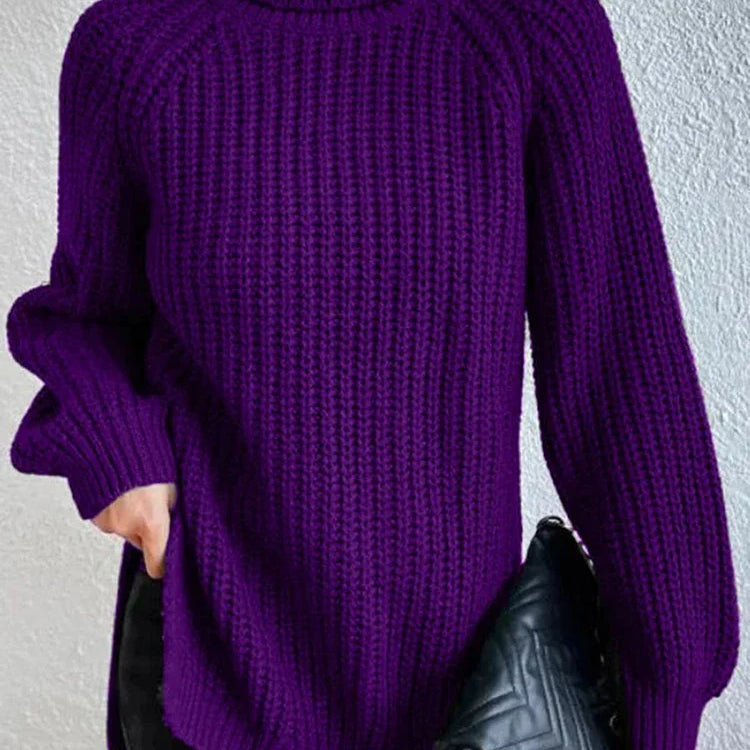 Women Winter Turtleneck Loose Sweater Elegant Drop Sleeve Side Split Pullover Vintage Harajuku Chic Jumpers Oversized knit Tops PURPLE