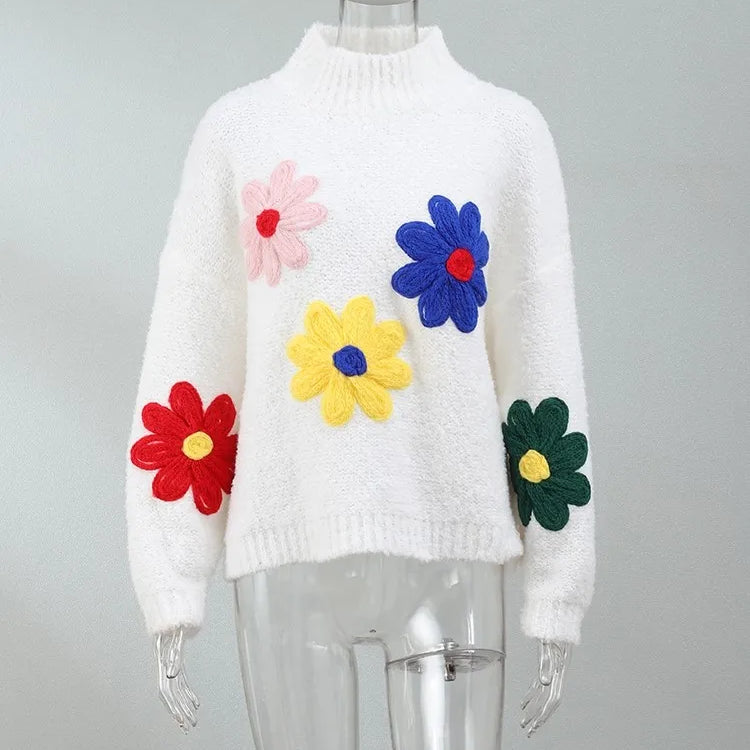 Vintage Flower Embroidery Sweater Women Loose Long Sleeve O-neck Knitted Pullover Autumn Female Thick Casual Streetwear