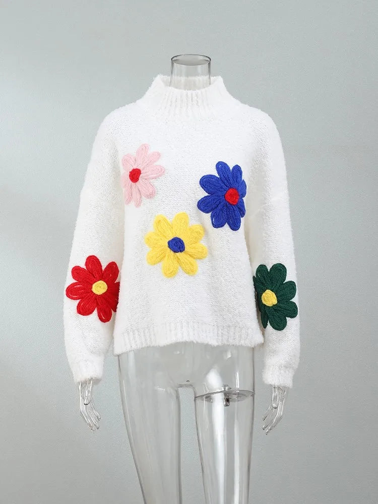 Vintage Flower Embroidery Sweater Women Loose Long Sleeve O-neck Knitted Pullover Autumn Female Thick Casual Streetwear