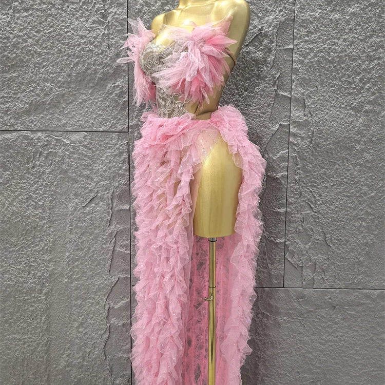 Pink Color Women Sexy Strapless Ruffles 2 Pieces Bodycon Long Dress High Split Fashion Nightclub Party Birthday Fashion Dress