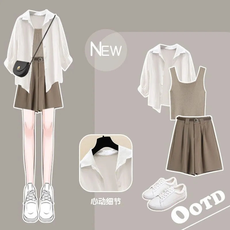 Women's Tracksuit Suit Summer Casual Sunscreen Shirt Top Vest Shorts Three Piece Korean Chic Blouse Pants Matching Set Set 06