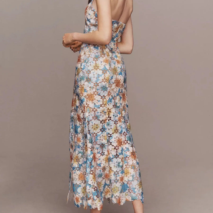 TWOTWINSTYLE Colorblock Hollow Out Spliced Printing Elegant Dresses for Women Halter Neck Sleeveless Split Dress Female Fashion