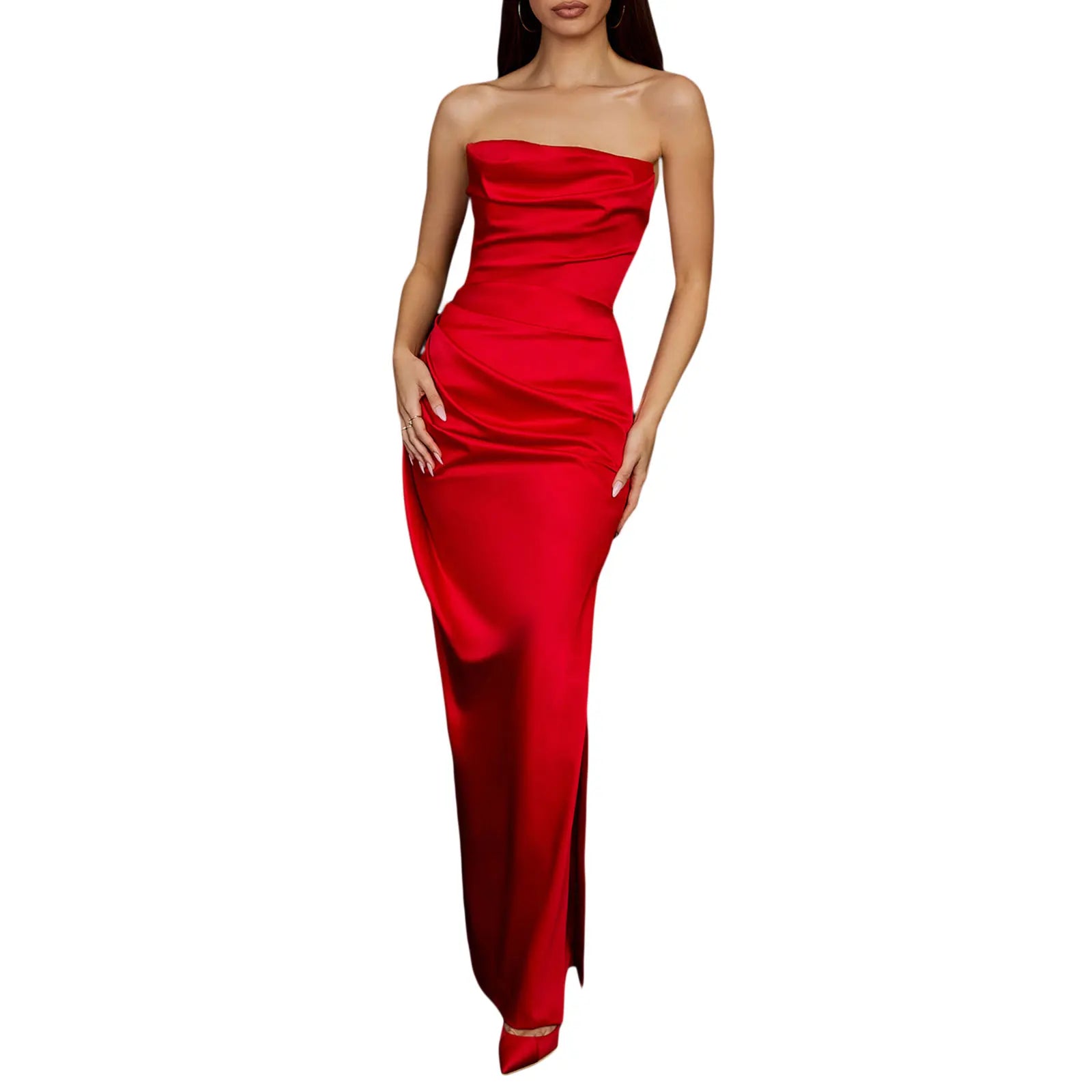 Elegant Women's Summer Sexy Sleeveless Satin Long Dresses High Waist Bodycon Backless Evening Casual Long Formal Party Dress Red