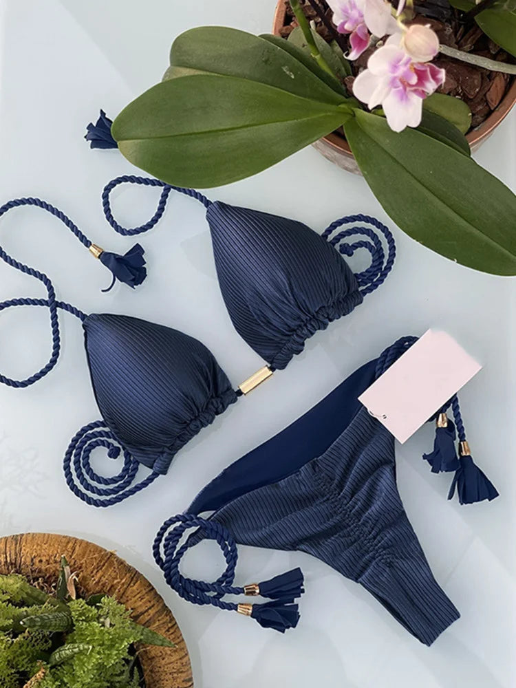 New Women Bikini Backless Rope Triangle Swimsuit Multicolor 8238