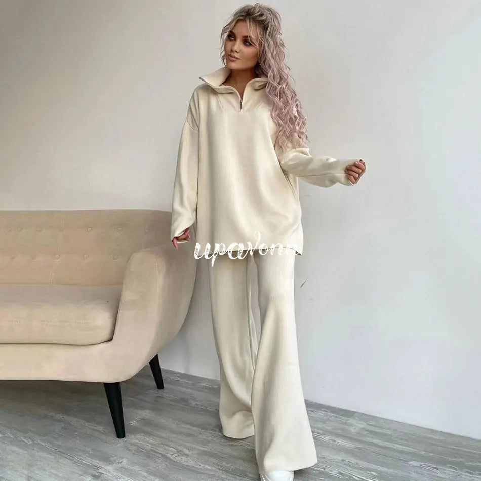 2024 Casual Autumn Loose Knit Sweater Set Fashion Zip Lapel Long Sleeve Pullover Sweater & Straight Pants Two-piece Set