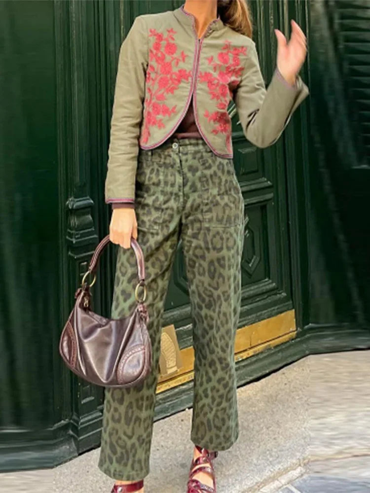 Women Fashion Print Trousers Two-piece Suit Embroidery Long-sleeved Coat High Waist Pants Sets Spring Casual Lady Outfit Suit