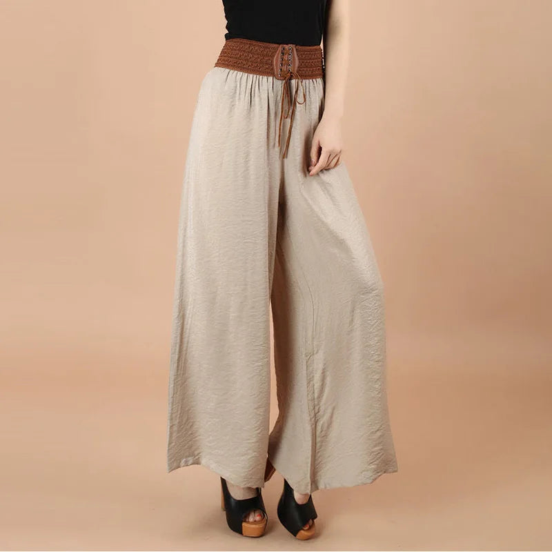 Casual Elastic High Waist Lace Up Belt Wide Leg Loose Women's Pants Korean Fashion Full-Length Pants For Women Spring Beige