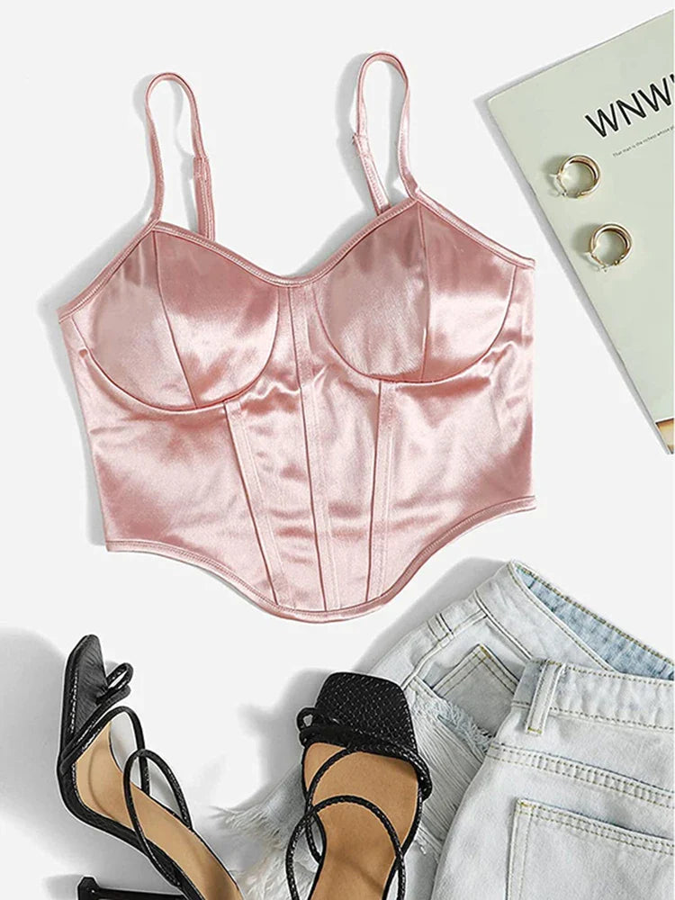 New Summer Women's Satin Sleeveless Chain Strap Crop Tops Tank Tops Bustier Clubwear Camisole
