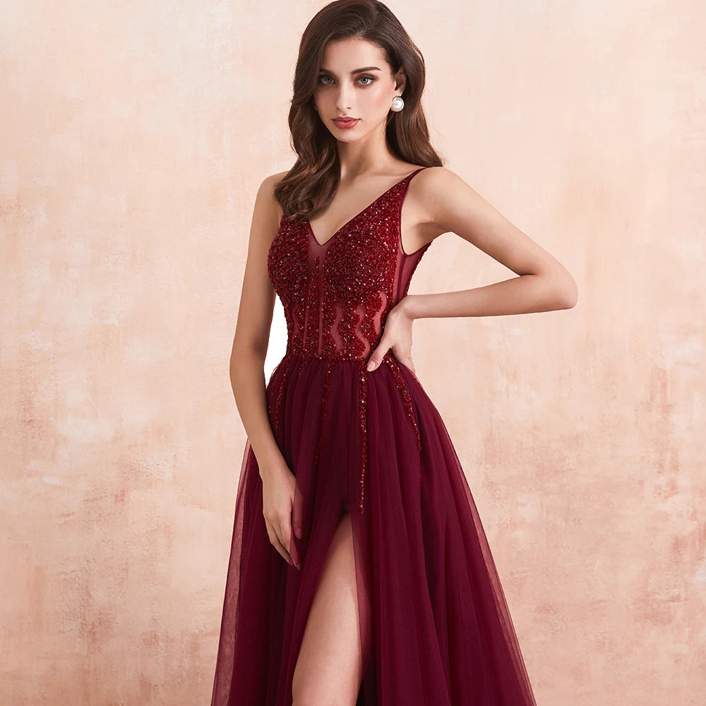 Gorgeous Evening Dresses for Women Sexy Dark Burgundy V Neck Crystal Beaded Beads Drawstring Formal Prom Gown