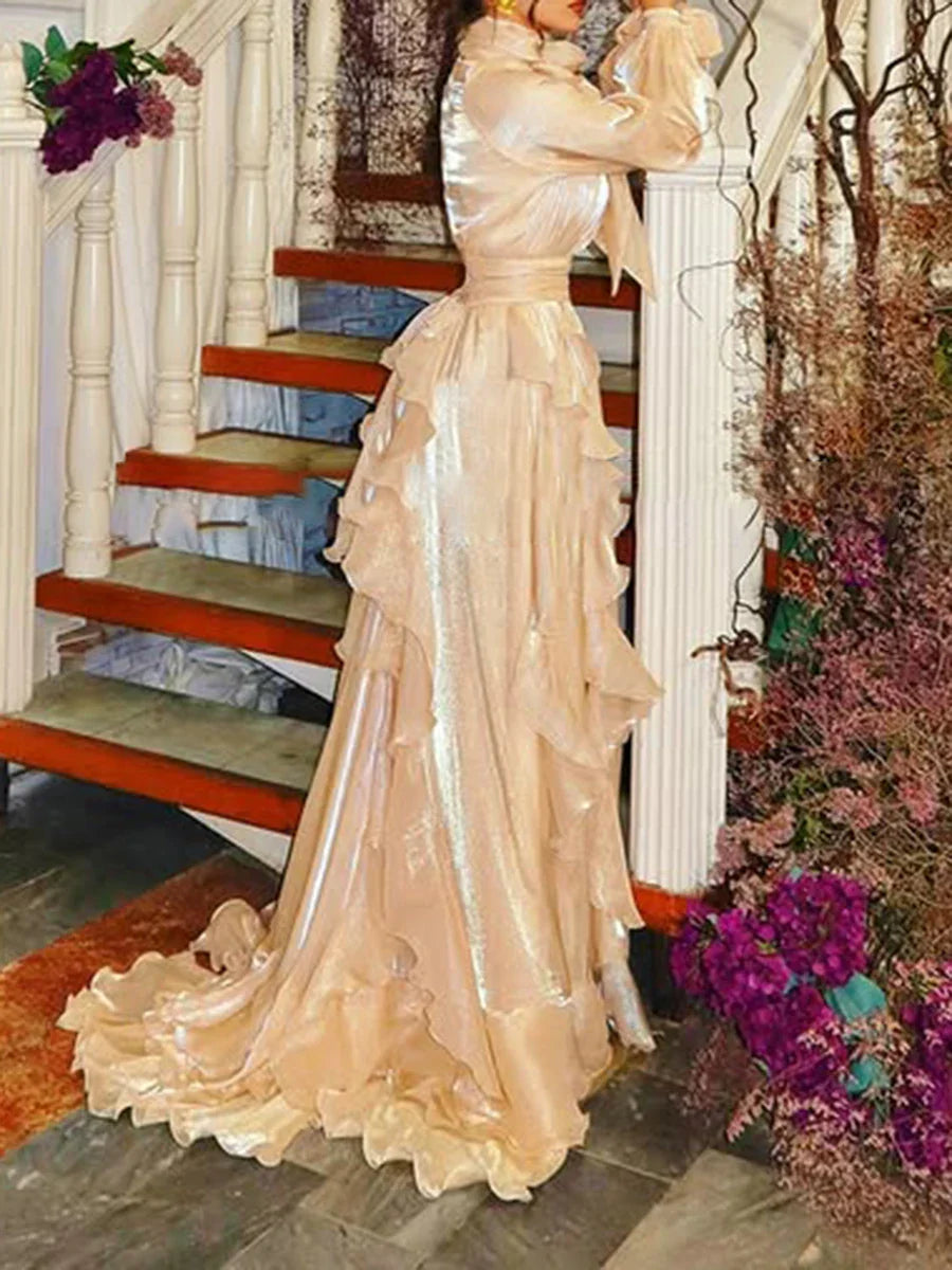 Solid Loose Midi Dresses for Women Round Neck Long Sleeves Patchwork Lace Up Temperament Dress Female Clothing New